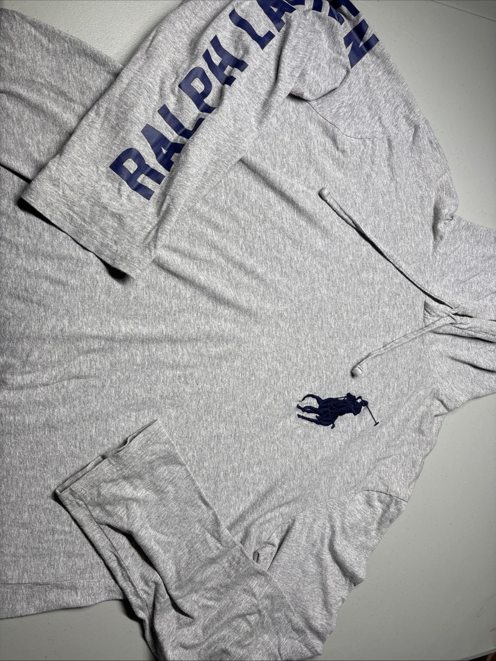 Ralph Lauren Light Gray Hoodie with Navy Logo and Sleeve Text